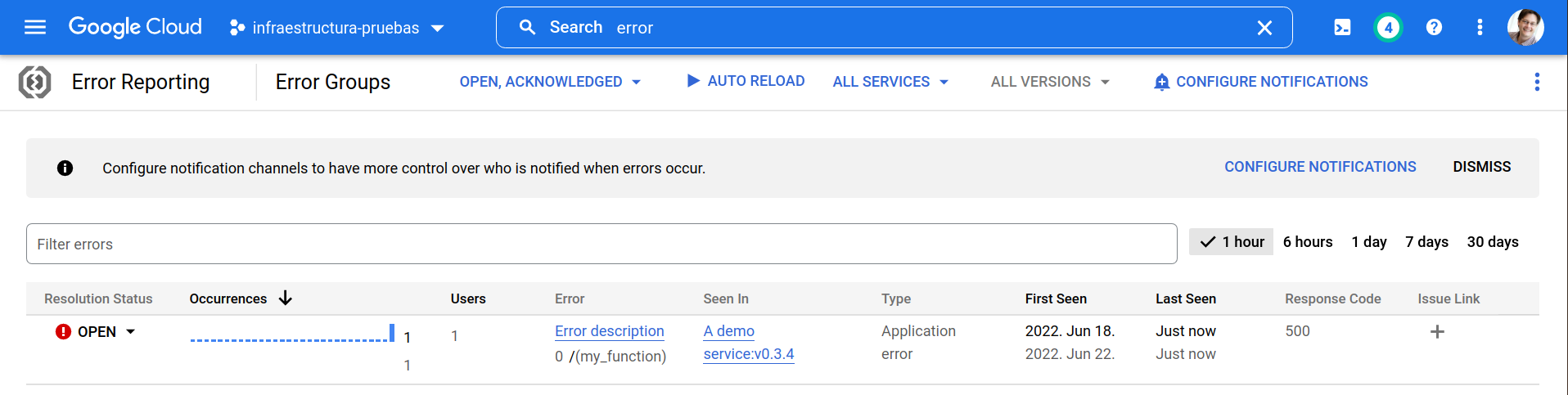 Screenshot of the message as listed in the Google Error Reporting UI