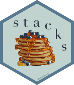 A hexagonal logo. Dark blue text reads "stacks", cascading over a stack of pancakes on a light blue background.