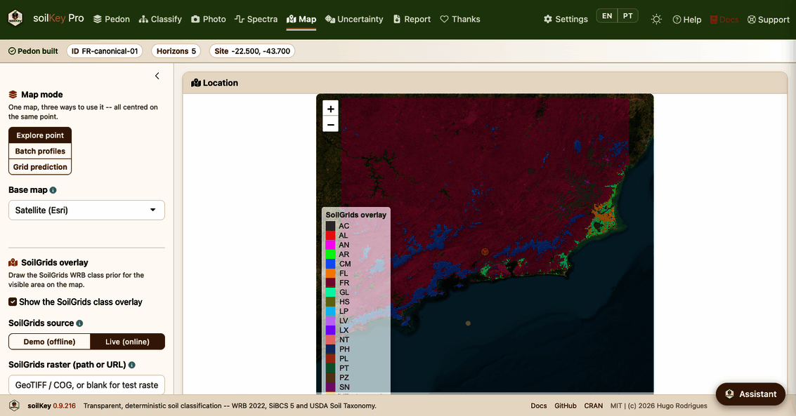 soilKey Pro — Map tab: the live SoilGrids 2.0 WRB classes of Rio de Janeiro drawn over a satellite base map, with a legend of 19 classes